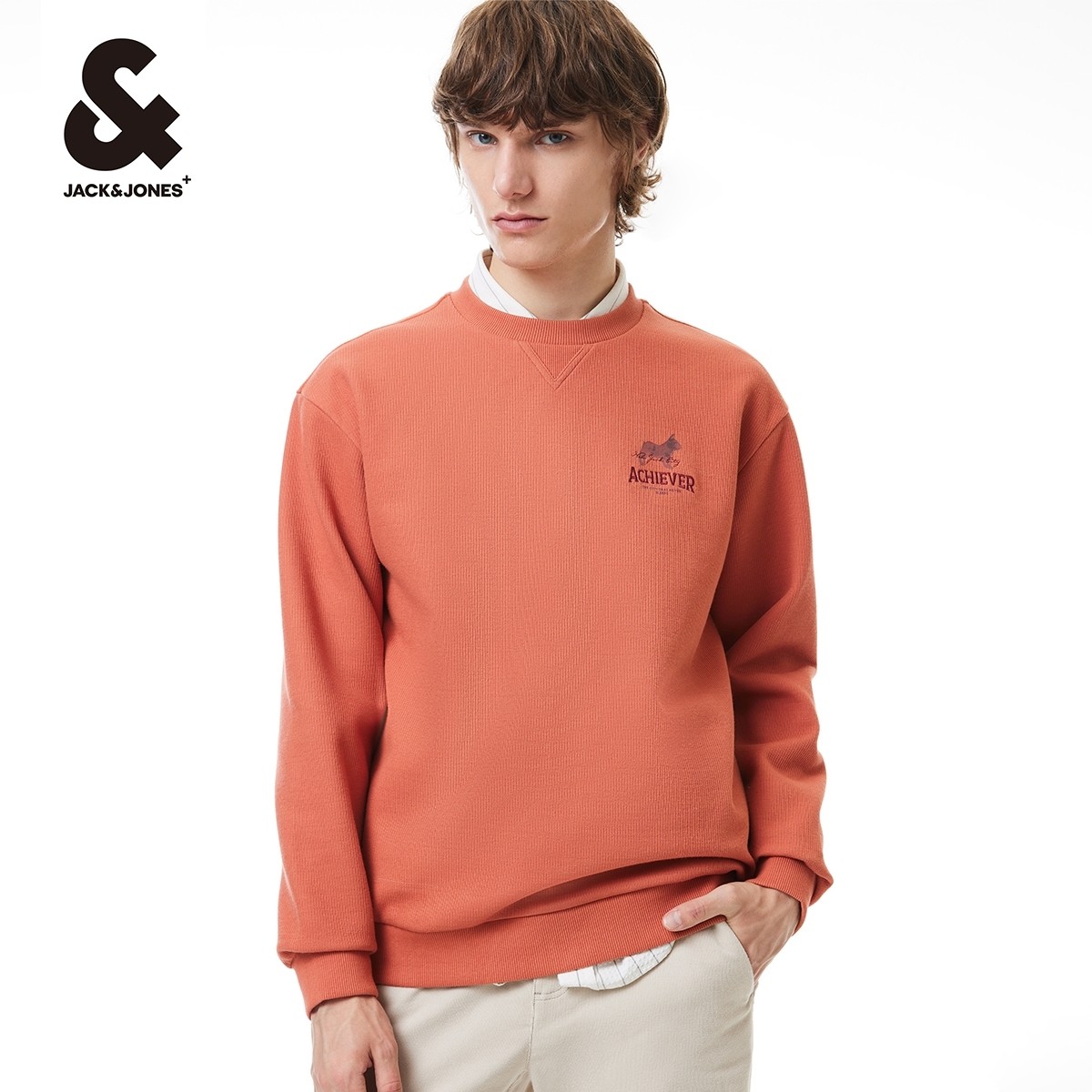 杰克琼斯卫衣春季新款螺纹圆领字母图案刺绣休闲衣服纯色卫衣男装