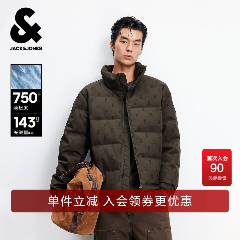 杰克琼斯男装秋冬季新款时尚满印老花休闲保暖舒适立领羽绒服外套
