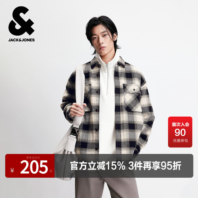 杰克琼斯2025年春秋季新款衬衫经典格纹舒适纯棉通勤百搭上衣外套