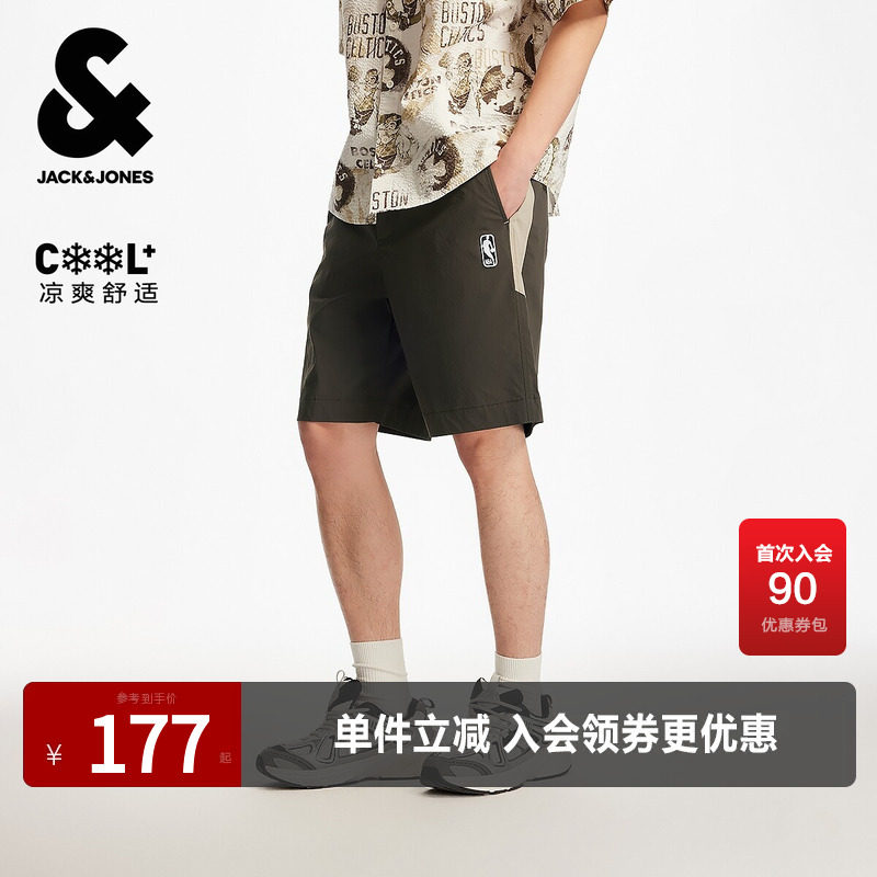 杰克琼斯夏季NBA联名男装撞色拼接字母印花松紧抽绳休闲短裤子