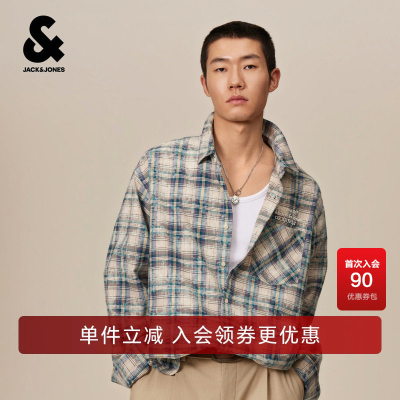 【纯棉】杰克琼斯男装衬衫长袖舒适百搭精致刺绣做旧格纹宽松翻领