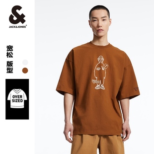 杰克琼斯夏新款男山系简约休闲纯棉舒适廓形OVERSIZED刺绣短袖T恤