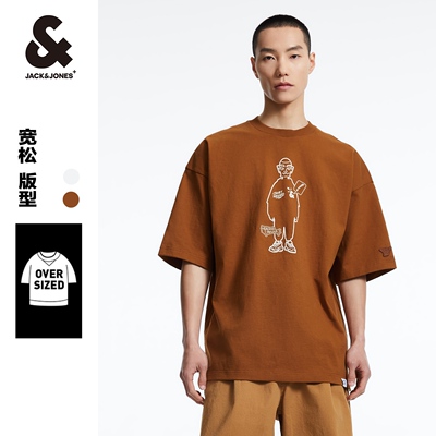 杰克琼斯夏新款男山系简约休闲纯棉舒适廓形OVERSIZED刺绣短袖T恤