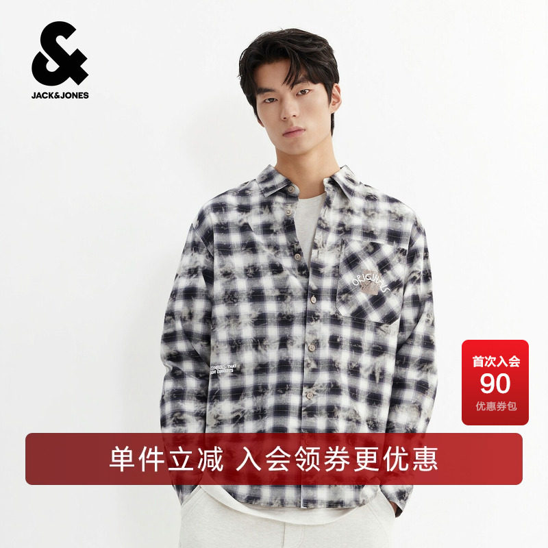 杰克琼斯男装衬衫长袖扎然渐变格纹宽松百搭大众休闲潮流时尚上衣