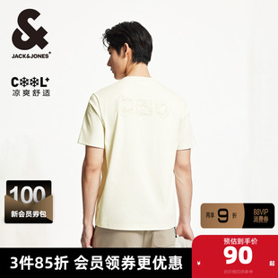 杰克琼斯夏季男士短袖T恤男款新款休闲刺绣植绒图案凉感上衣男装