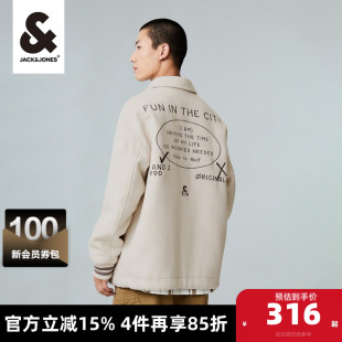 杰克琼斯春秋新款 奥特莱斯休闲廓形翻领毛呢字母刺绣夹克外套男装