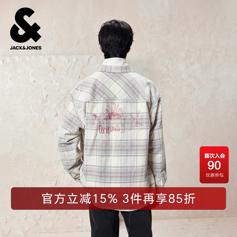 杰克琼斯奥特莱斯男装春秋季衬衫2025年新款纯棉字母刺绣印花长袖
