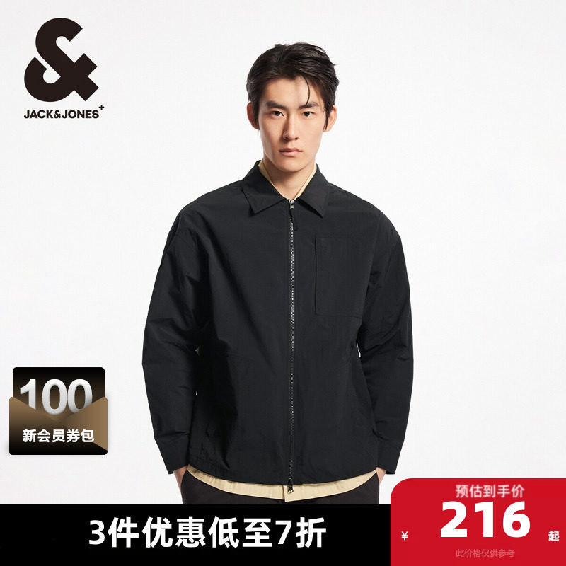 杰克琼斯奥莱春秋夹克潮流宽松翻领拉链单侧刺绣字母外套上衣男装