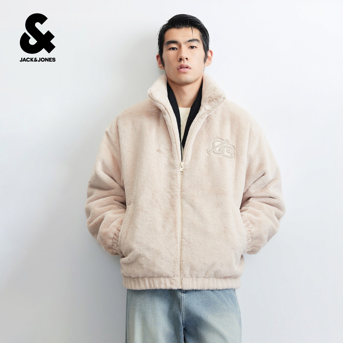 杰克琼斯奥特莱斯秋冬男装新款棉服保暖宽松半高领刺绣休闲外套