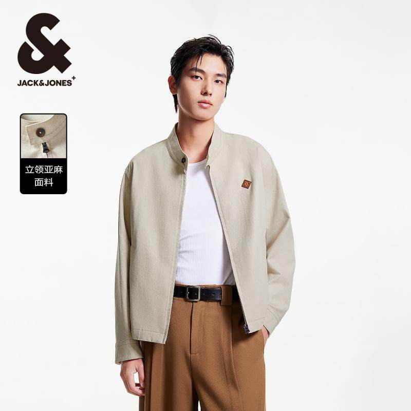 杰克琼斯男装夹克 外套春季简约亚麻度假风皮标立领男装上装春