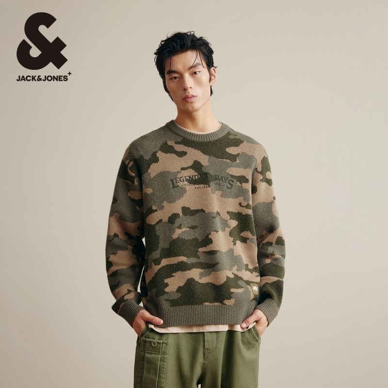 杰克琼斯冬季新款迷彩花纹宽松圆领毛衣针织衫男装