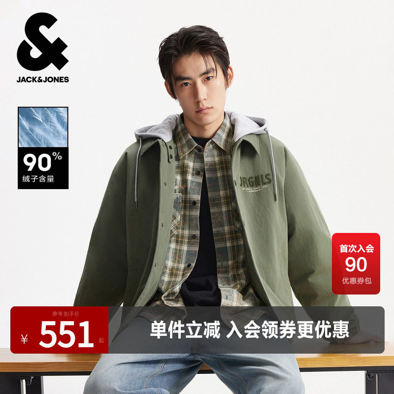 杰克琼斯男装秋冬时尚百搭潮流宽松羽绒服外套上衣字母装饰连帽衣