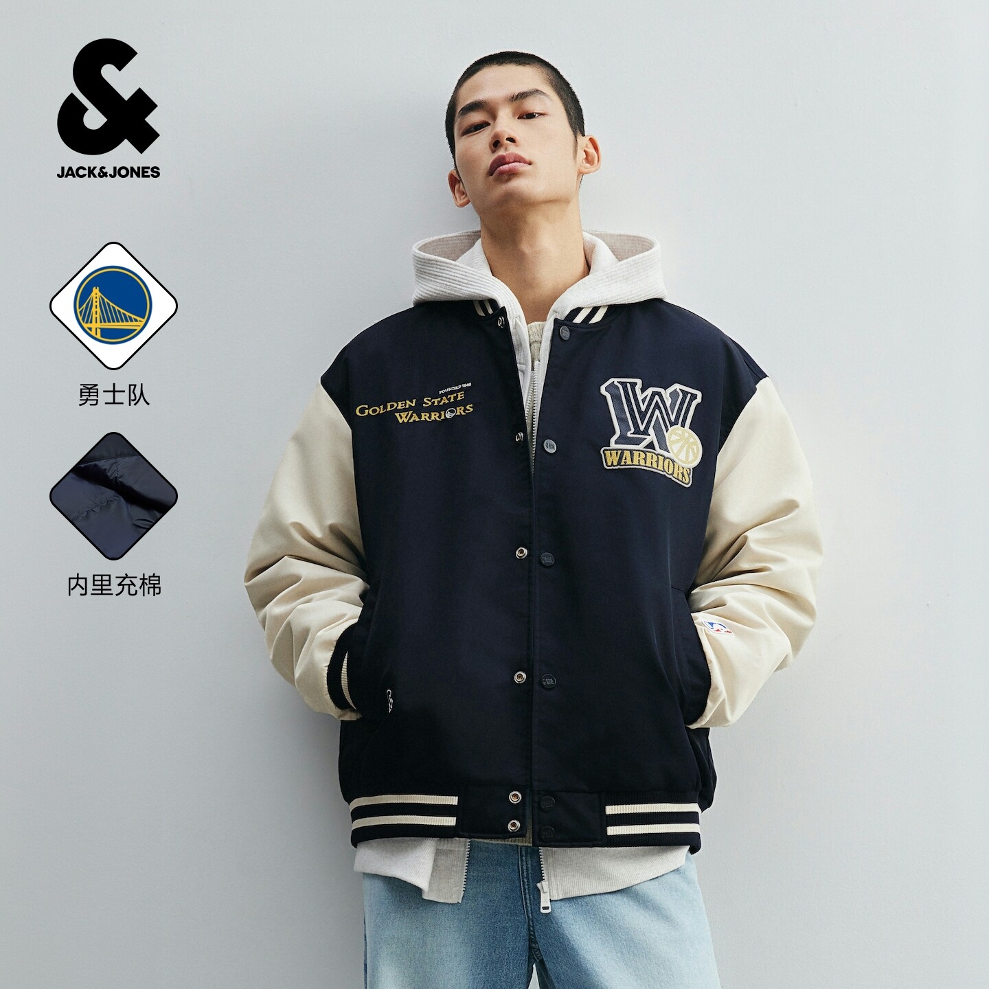 杰克琼斯NBA勇士队奥莱男装棉服棒球服潮时尚休闲百搭通勤外套