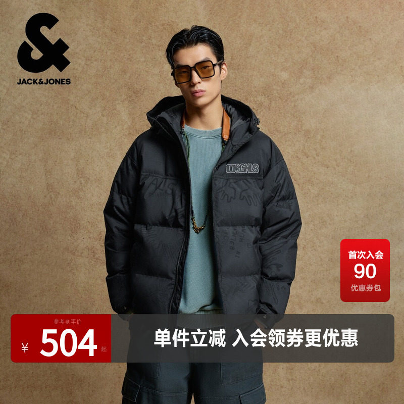 杰克琼斯男装士冬季羽绒服2025年新款刺绣抽绳连帽廓形保暖外套