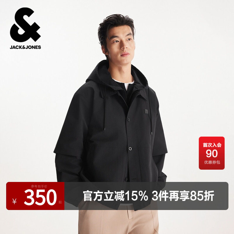 杰克琼斯男装春季夹克外套皮质LOGO潮流时尚简约休闲假两件设计