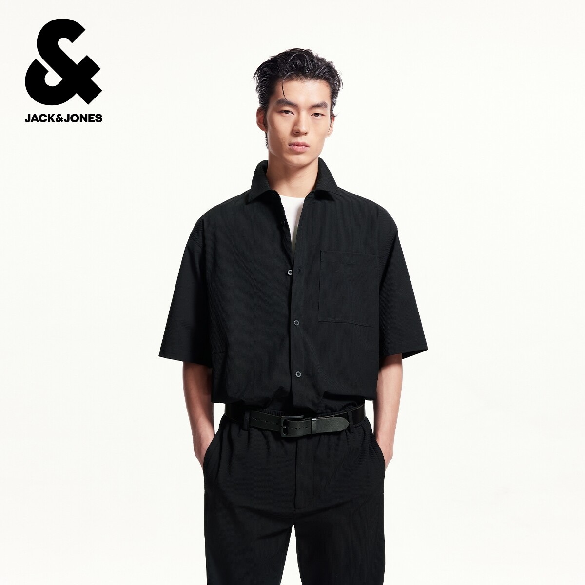 杰克琼斯奥特莱斯夏季男装舒适时尚宽松质感个性休闲上衣短袖衬衫