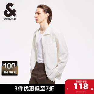 衬衫 长袖 翻领肌理感开衩底摆logo装 饰衬衫 杰克琼斯春秋款 男装 男士