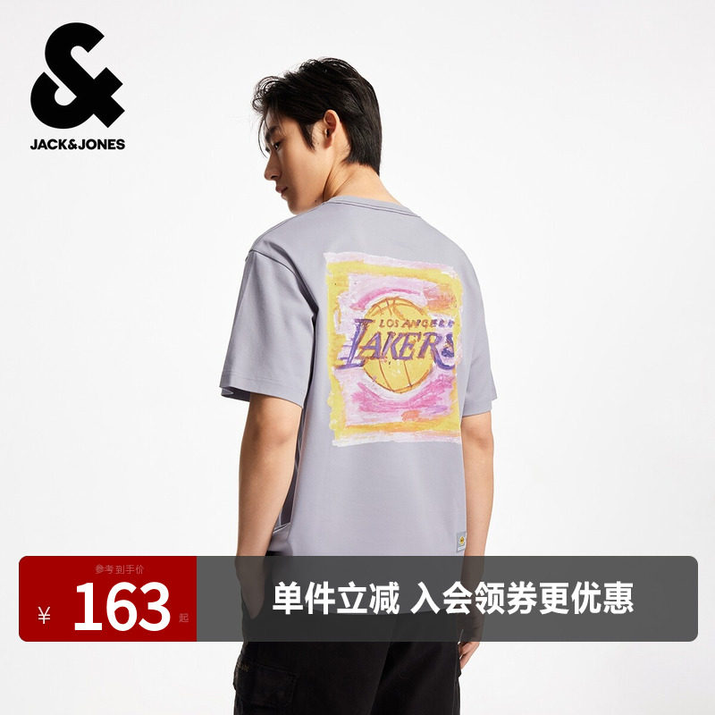 杰克琼斯NBA联名款男装夏季新款纯棉印花字母贴布日常休闲短袖T恤