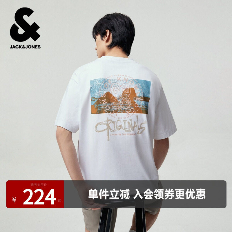 杰克琼斯男装短袖T恤上衣百搭舒适潮流字母印花罗纹圆领宽松纯棉