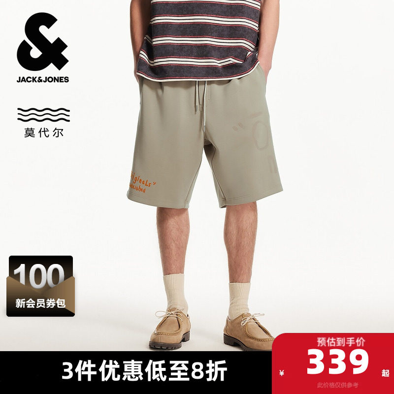 杰克琼斯奥特莱斯男装夏季新款潮时尚植绒胶印抽绳腰宽松短裤子