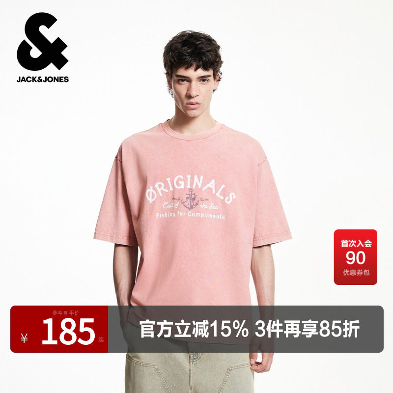 杰克琼斯夏季新款男装T恤舒适纯棉衣身水洗质感植绒胶印圆领短袖
