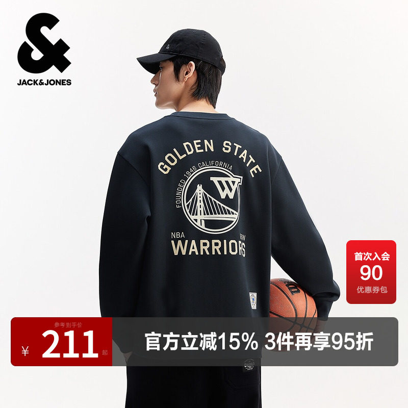杰克琼斯NBA联名款勇士队男装春秋新款字母刺绣宽松休闲圆领卫衣