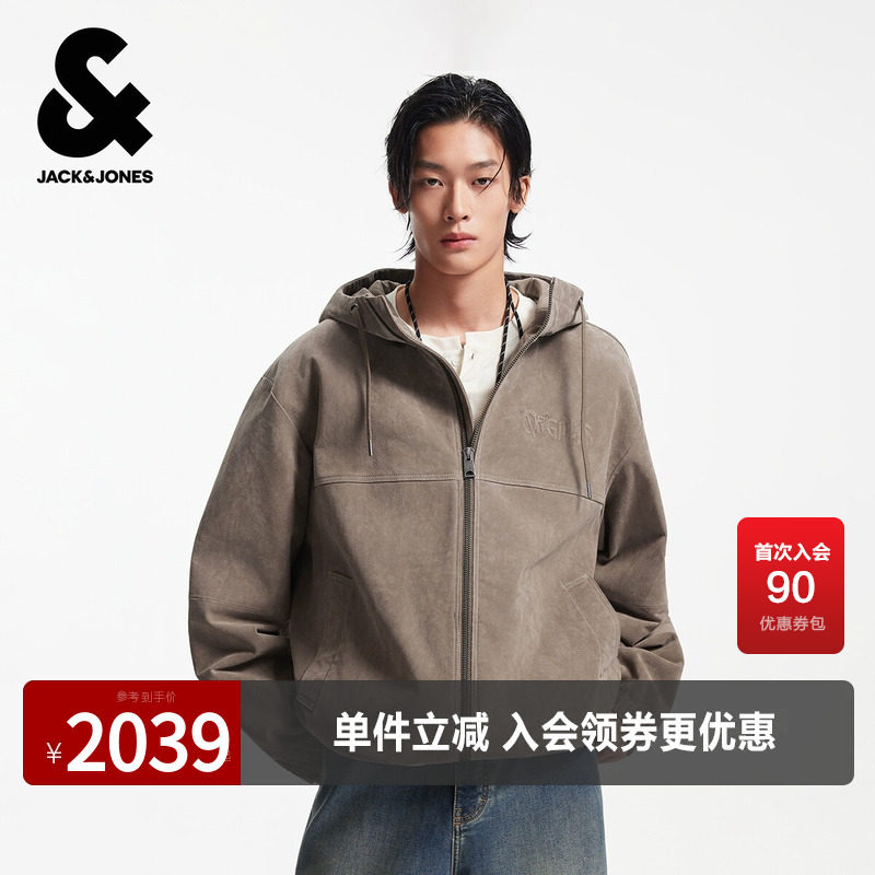 杰克琼斯男装春季夹克外套抽绳连帽字母钢印皮衣经典百搭外套宽松