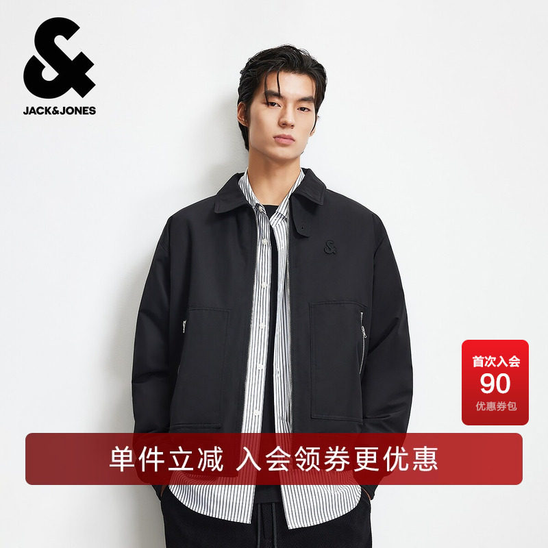 杰克琼斯奥特莱斯男装棉服春秋季新款贴布纯色翻领宽松保暖外套