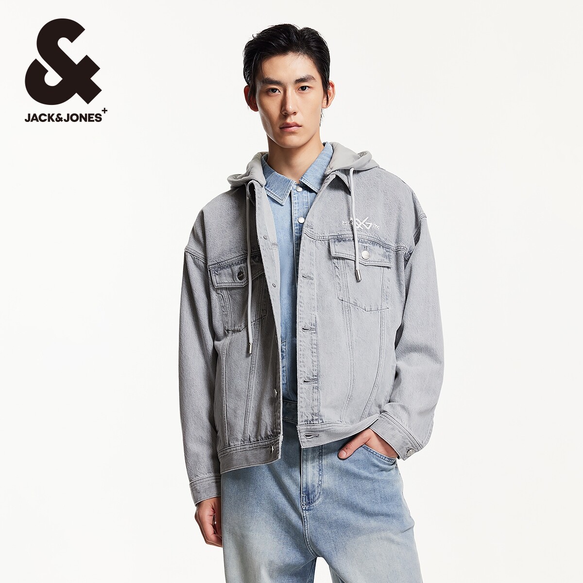 杰克琼斯春季新款oversied舒适可拆卸连帽牛仔夹克外套男装