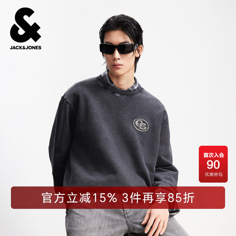 杰克琼斯男装春季卫衣潮流百搭贴布刺绣宽松舒适罗纹圆领长袖上衣