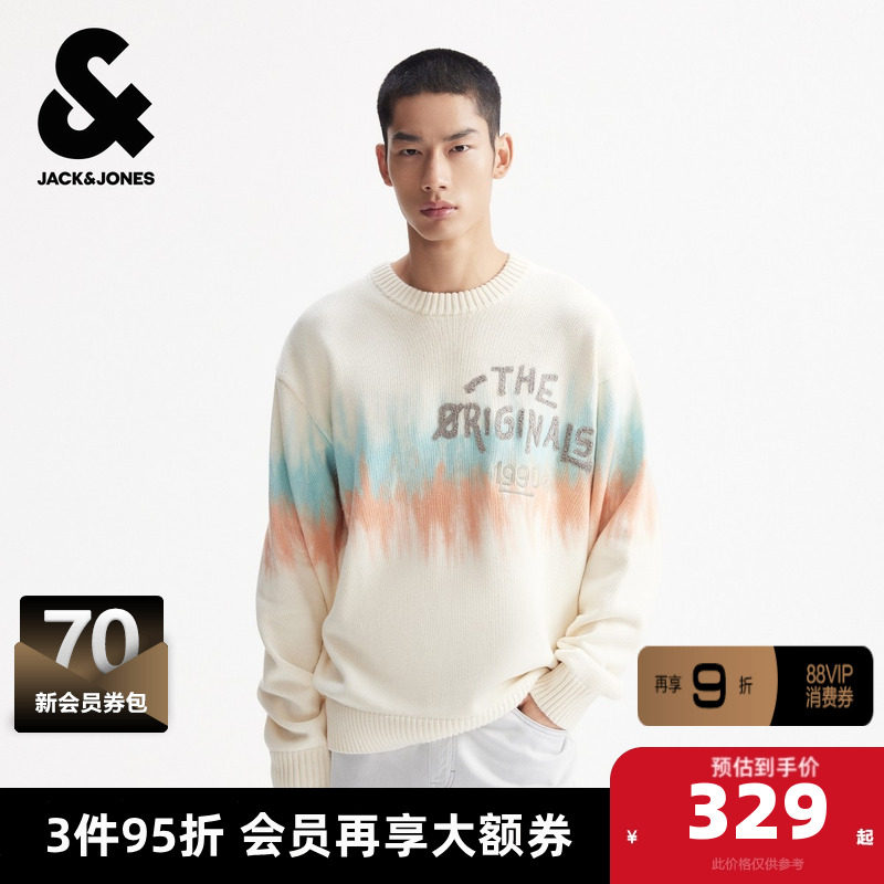 杰克琼斯秋冬季男装毛衣针织衫略宽松衣身扎染设计字母贴布百搭潮