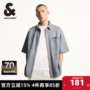 杰克琼斯秋季新款NBA联名湖人队略宽松潮流短袖尖领衬衫男款男装