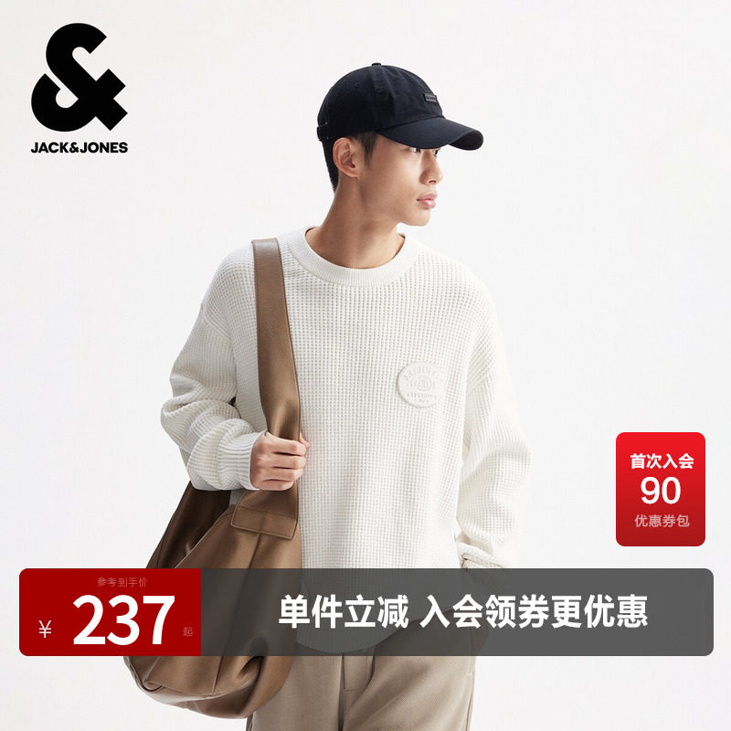 杰克琼斯春秋季男装舒适百搭时尚潮流圆领毛衣针织衫字母图案装饰