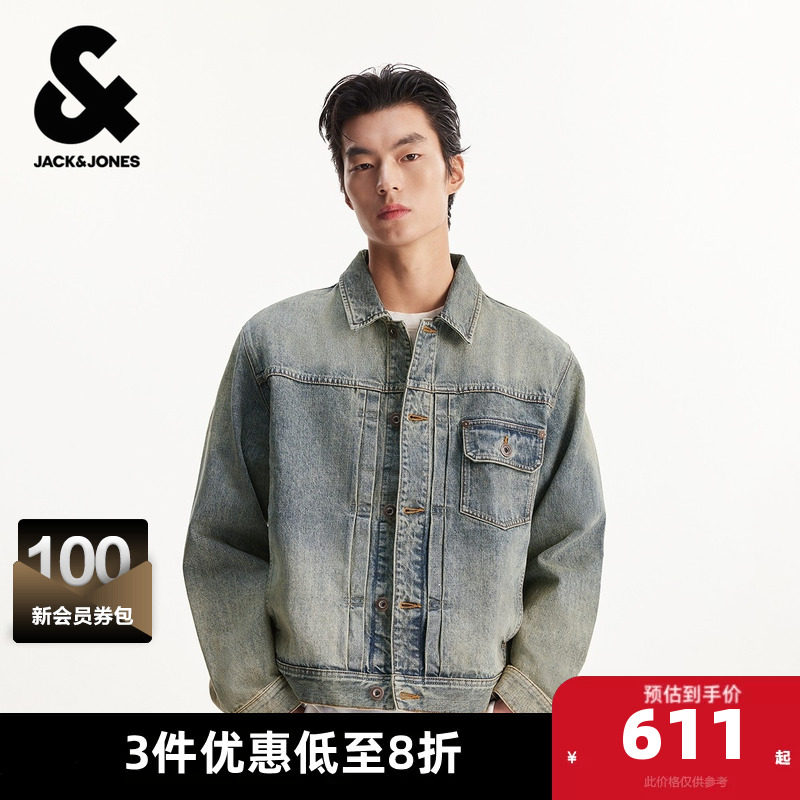 杰克琼斯男装春季夹克外套百搭日常做旧黄泥水洗牛仔休闲翻领宽松