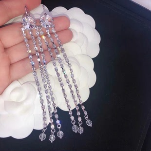 网红佩戴缪款水晶闪钻三排流苏bling时尚名媛范儿柔美奢华耳环