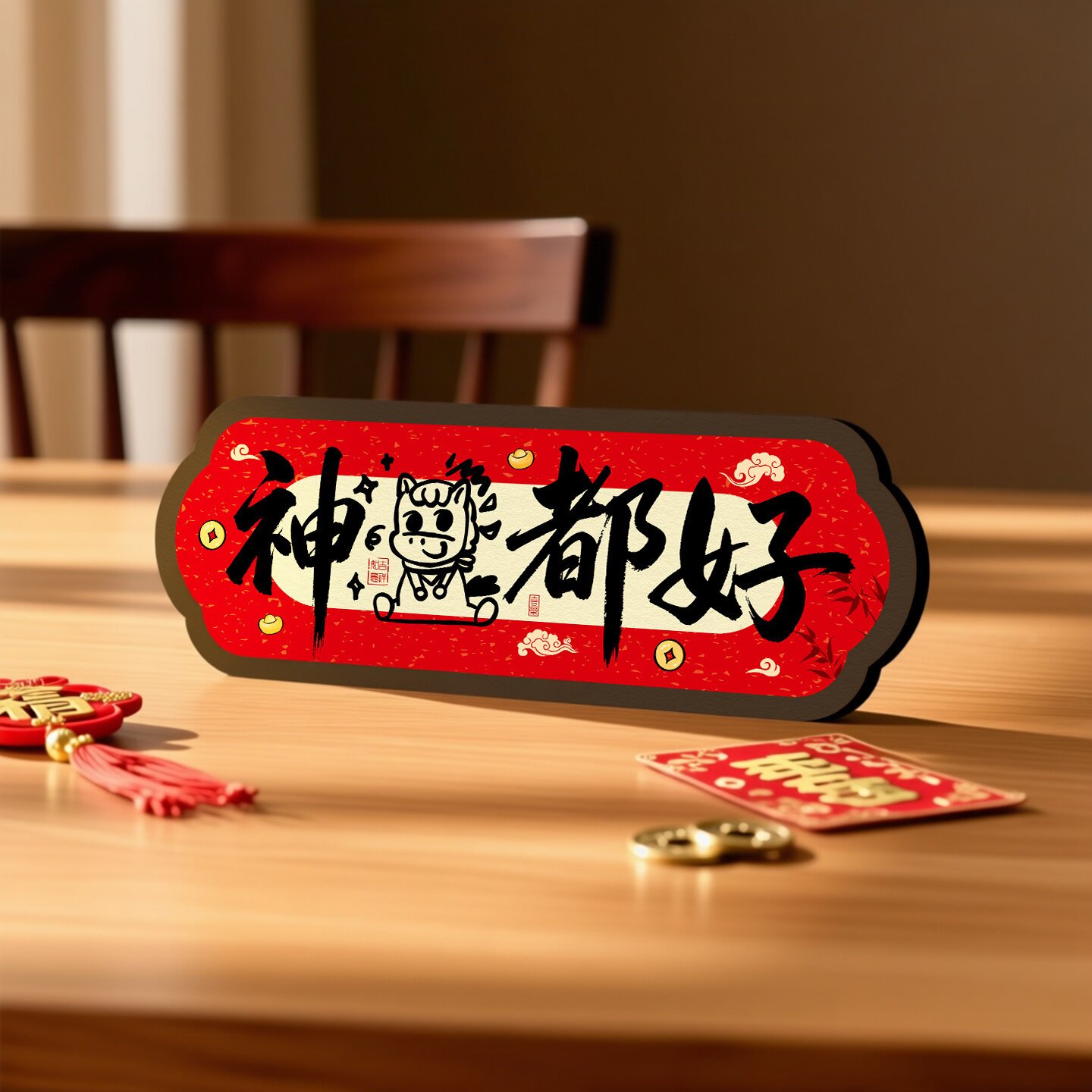 快乐加马书法相框摆件摆台电视柜卧室玄关装饰画创意趣味字画台画