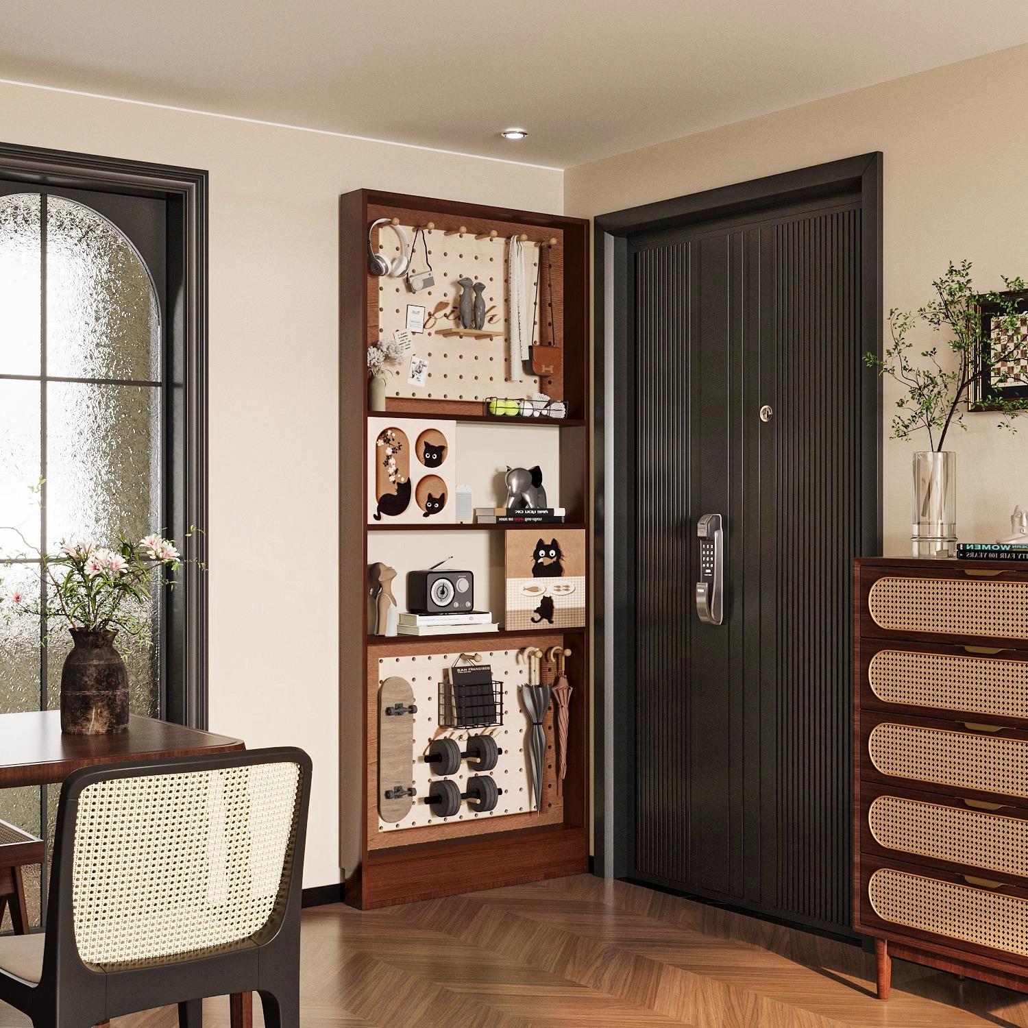 覆古实木门后洞洞板置物架客厅收纳展示架入户玄关薄柜储物可定制