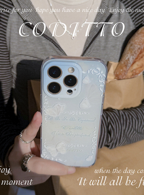 coditto蓝色蝴蝶双层印花精孔全包适用iPhone16pro手机壳ins风少女心苹果17promax15promax保护套简约创意16
