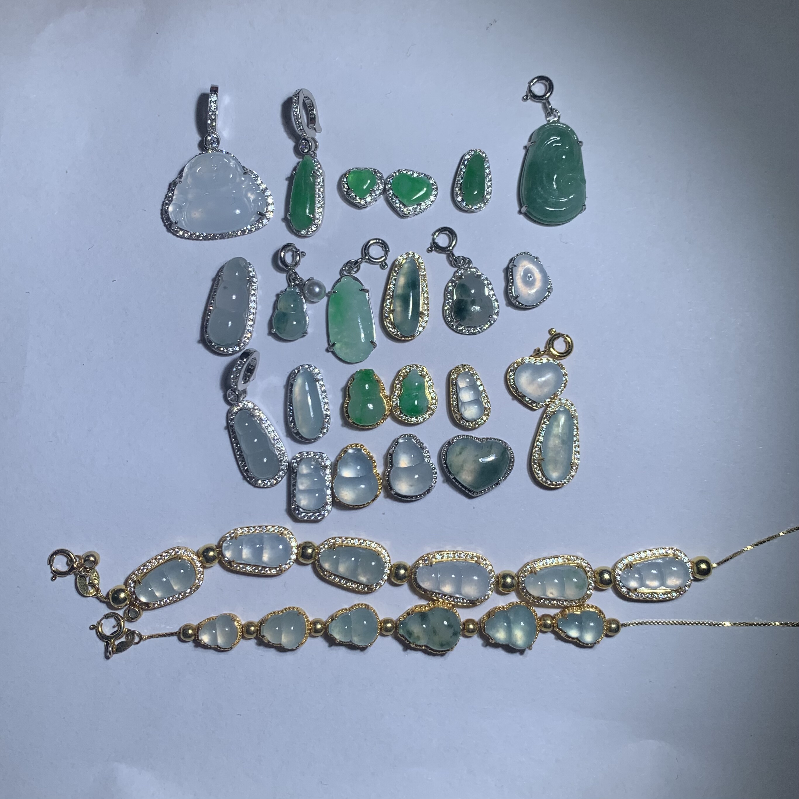 天然翡翠A货缅料白冰佛阳绿爱心福瓜金盘缠手链配件通体925银镶