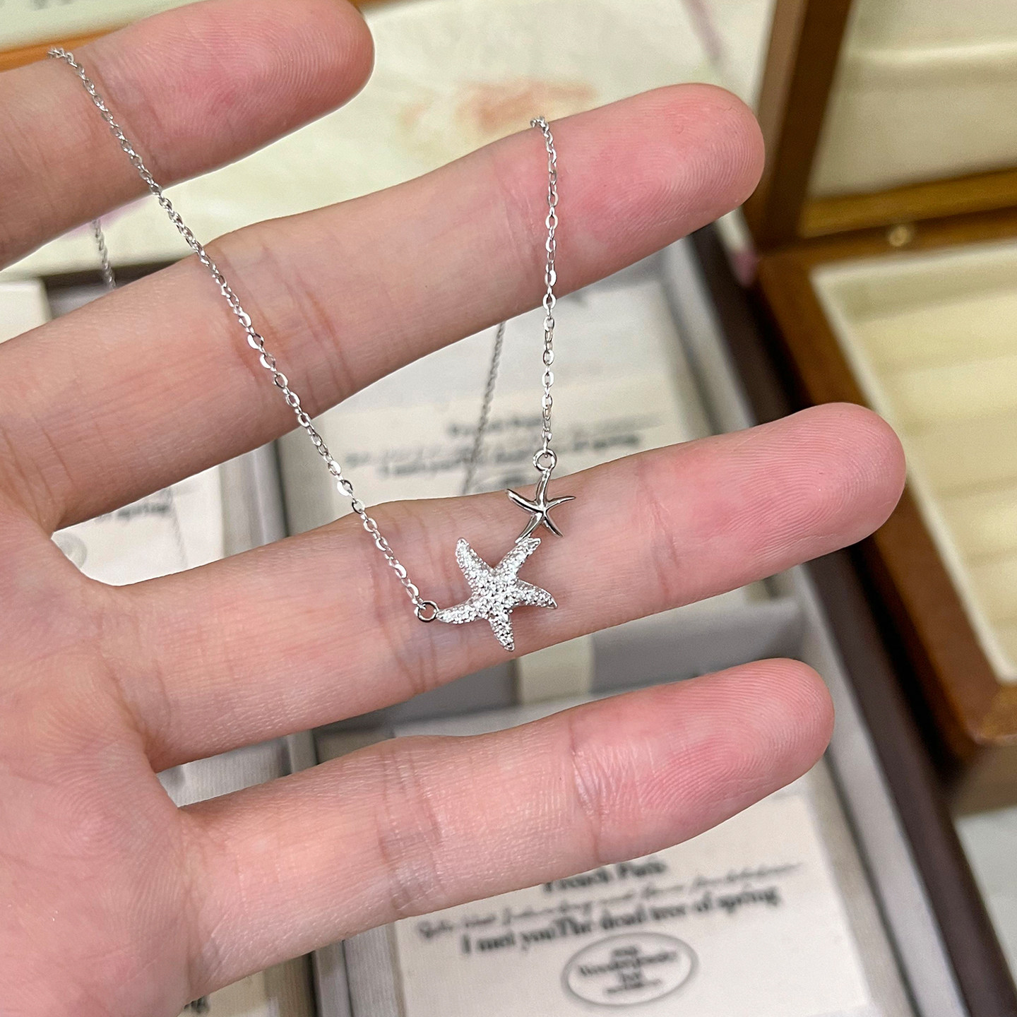 S925纯银满钻海星项链女轻奢小众