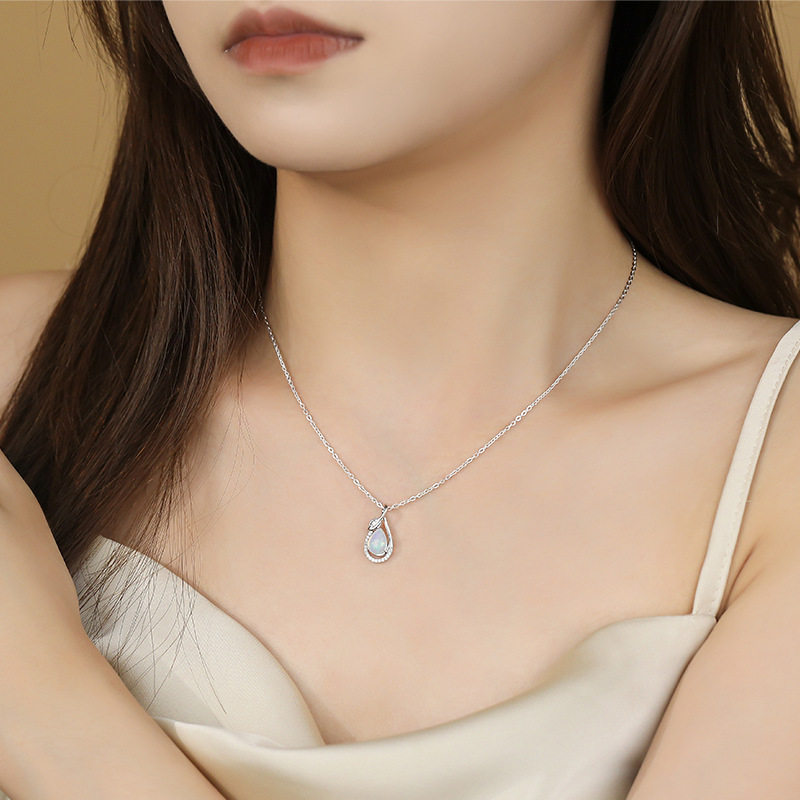 S925纯银生命之泪天然欧泊项链女