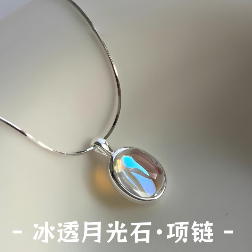 天然海蓝宝月光石S925纯银项链in