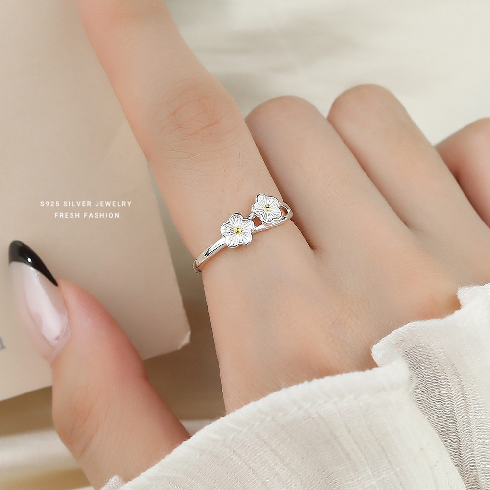 S925纯银韩版ins桃花朵朵戒指女