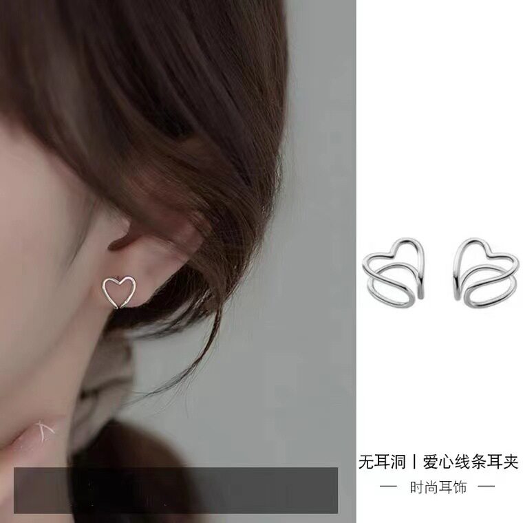 s925纯银无痛耳夹无耳洞女爱心耳