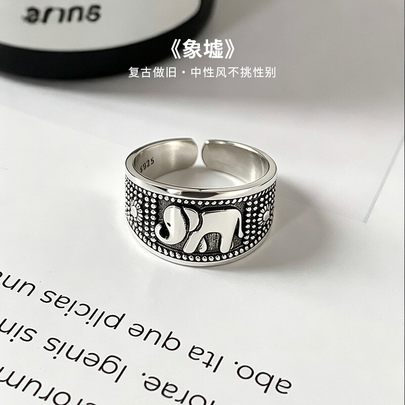 S925纯银小象开口戒指中古男不掉
