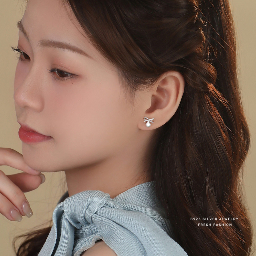 s925银蝴蝶结圆珠耳钉女百搭高级