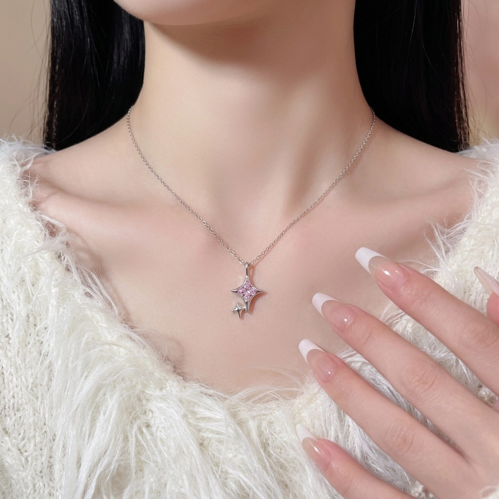 S925纯银粉色四芒星项链女轻奢小