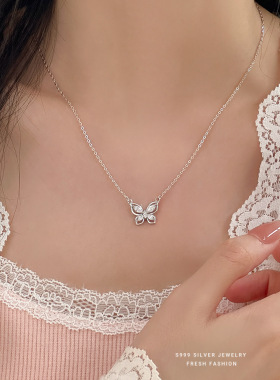s999纯银镂空蝴蝶项链女森系百搭