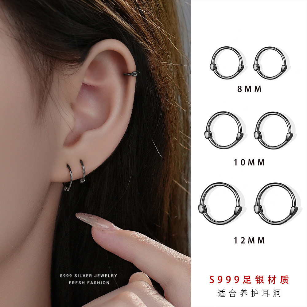 时尚几何黑色圆圈耳环女s999纯银