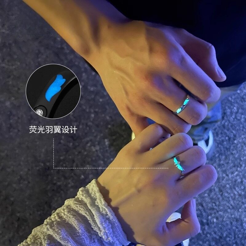 足银999夜光天使之翼情侣对戒小